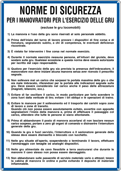 3703 - Cartello NORME MANOVRATORI GRU