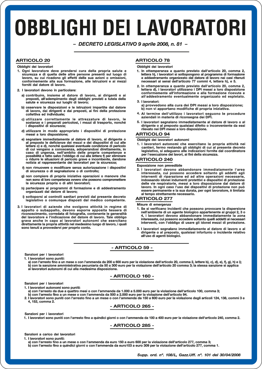 3759 - Cartello OBBLIGHI DEI lavoratori D.Lgs. 81/08