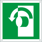 E15122W - Cartello emergenza girare la maniglia a sn solo simbolo EN ISO 7010