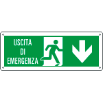E720104KS - etichetta uscita di emergenza freccia indietro con scritta EN ISO 7010