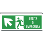 E720105SX - Cartello SOSPESO bifacciale uscita emergenza freccia alto sx ENISO7010