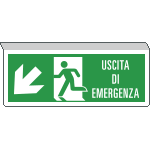 E720107SX - Cartello SOSPESO bifacciale uscita emergenza in basso a sx EN ISO 7010