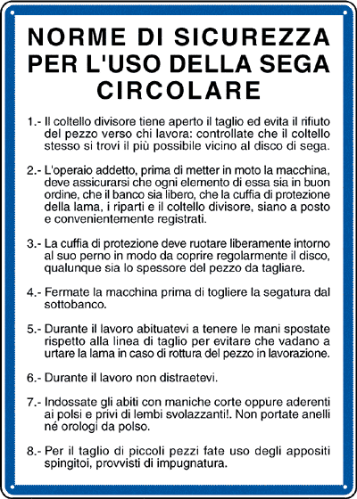 [3606] 3606 - Cartello NORME USO SEGA CIRCOLARE