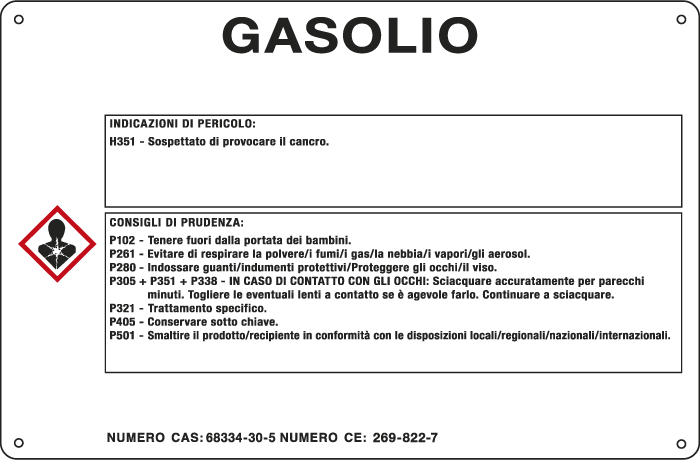 [27B570] 27B570 - cartello sostanze pericolose simbologia CLP " GASOLIO"